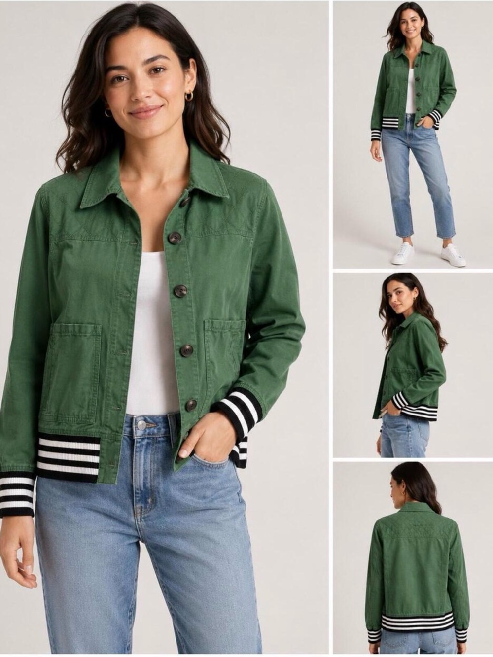 CAbi Mod Bomber Jacket in Green w Striped cuffs- size XS